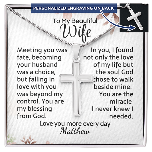 Wife Gift from Husband – Custom Engraved Cross Necklace, 18k Gold or Stainless Steel, Luxury Light Box, Christian Anniversary Gift