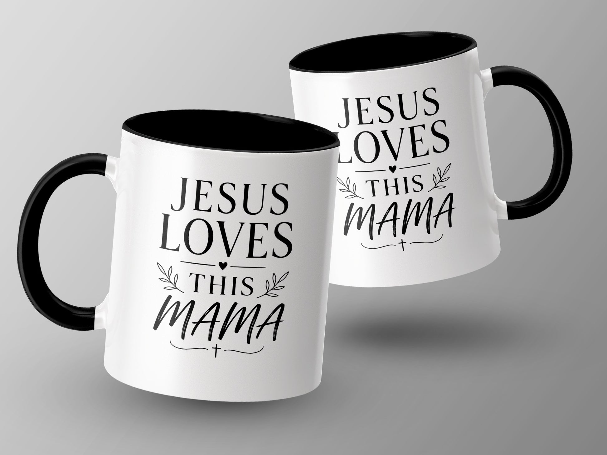 Two white mugs with black rims feature "Jesus Loves This Mama" text.