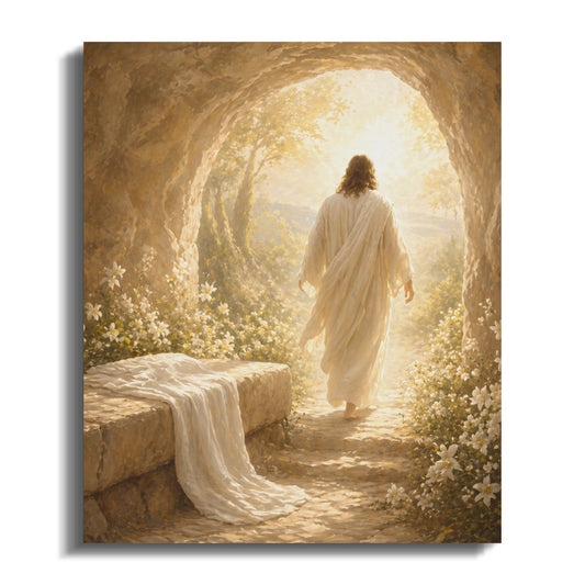 Jesus walking from a tomb towards bright light, a white cloth lies on a stone.