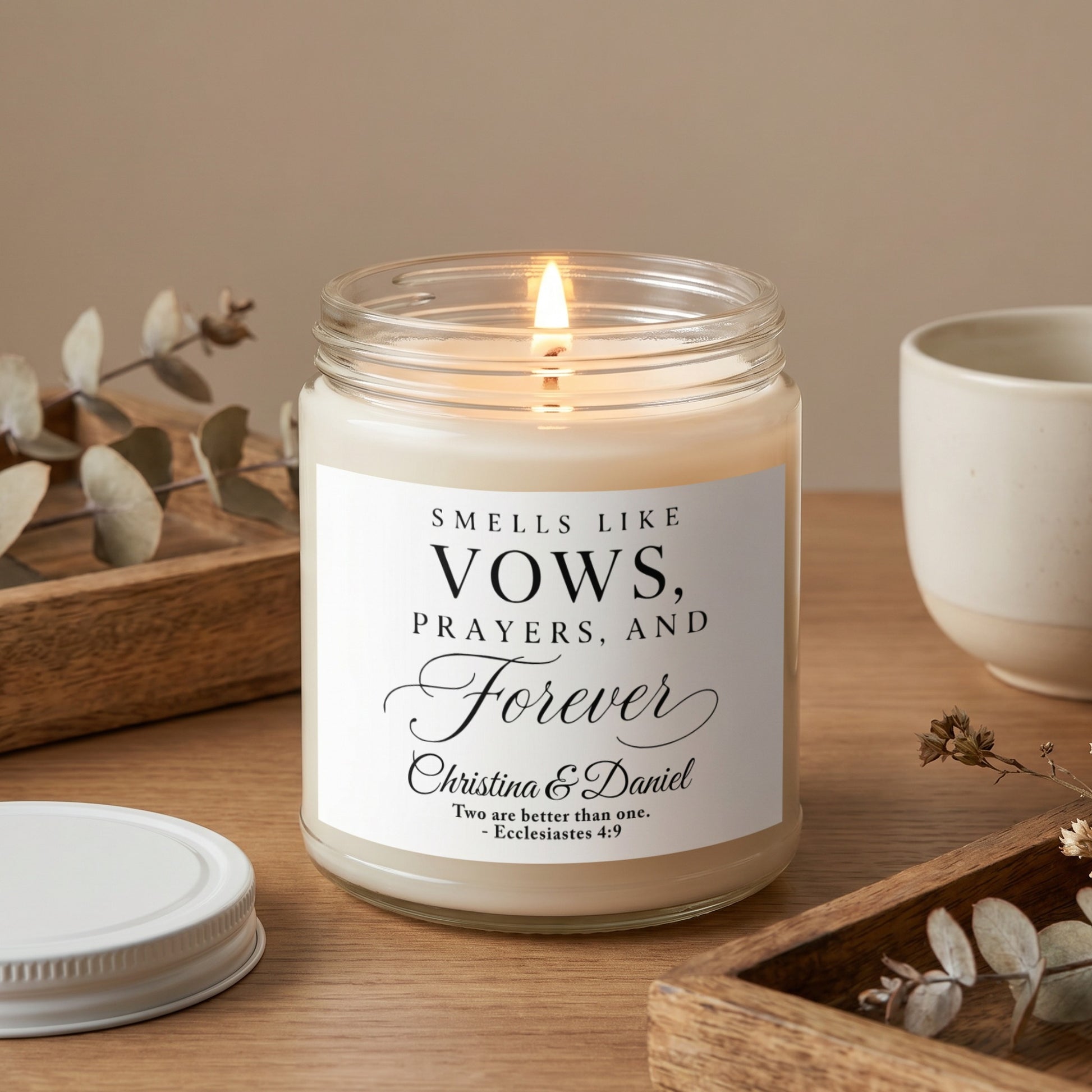 Scented candle with "Vows, Prayers, and Forever" and names Christina & Daniel.