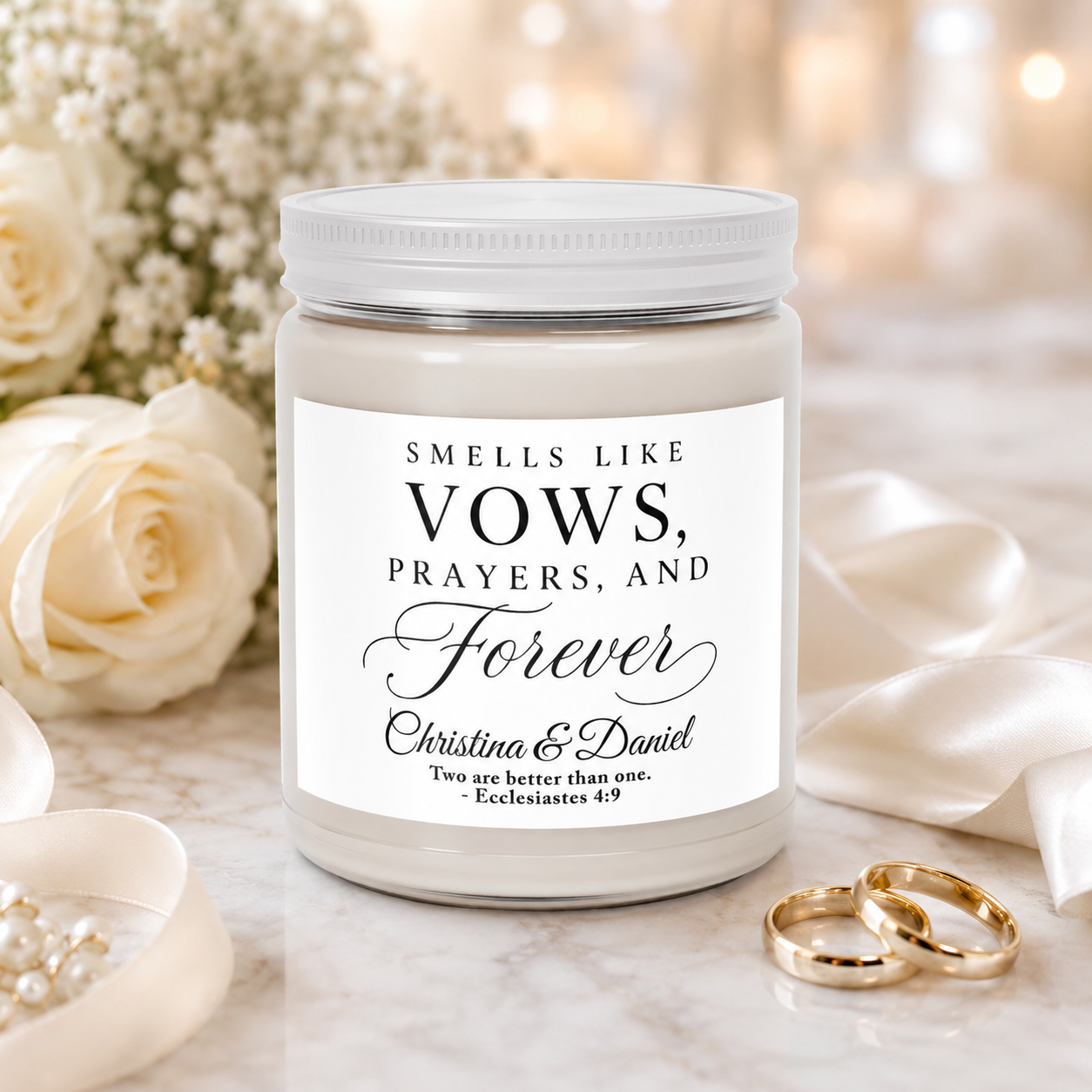 Vows Prayers Forever candle with names — meaningful Christian wedding gift | The Faith World