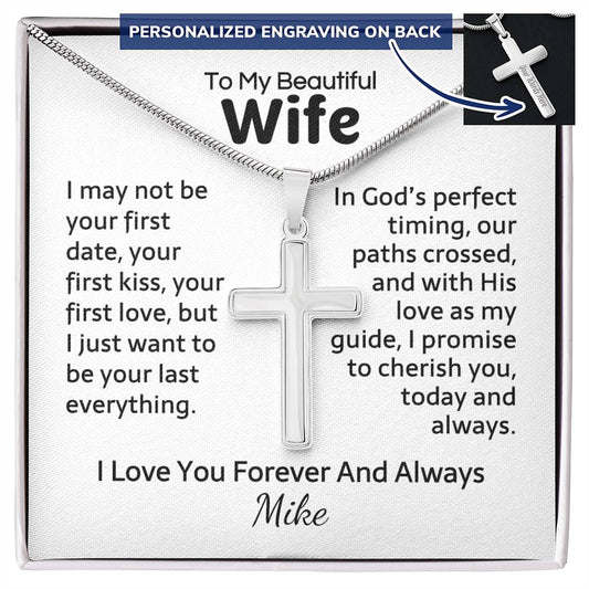 Engraved Stainless Steel Cross Necklace - Gift for Wife