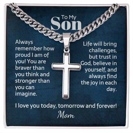 Engraved Cross with  Cuban Chain - Personalized Gift for Son