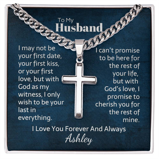 Cuban Link Chain and Engraved Cross - Gift for Husband