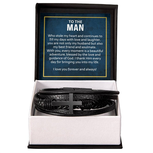 Men's Cross Leather Bracelet - Gift for Husband