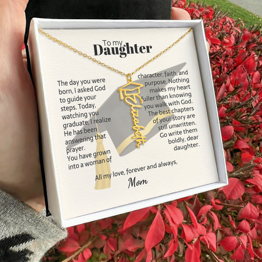 Graduation cap name necklace with mother's prayer — Christian gift for daughter from Mom | The Faith World