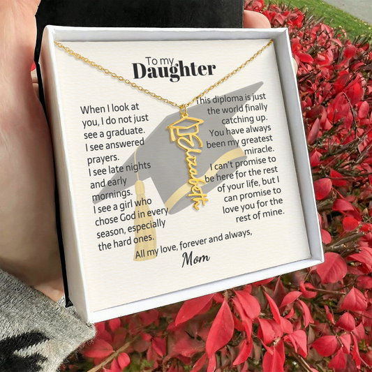 She Chose God graduation cap name necklace — Christian gift for daughter from Mom | The Faith World