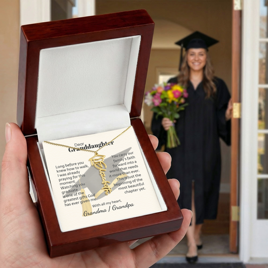 Graduation cap name necklace — Christian graduation gift for granddaughter from Grandma and Grandpa | The Faith World