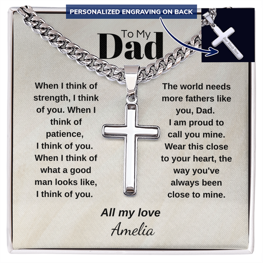To My Dad Cuban Chain Cross Necklace | When I Think of Strength I Think of You | Personalized Gift for Dad