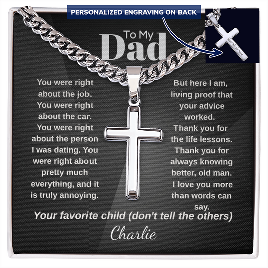 To My Dad Cuban Chain Cross Necklace | Your Favorite Child | Funny Personalized Father's Day Gift