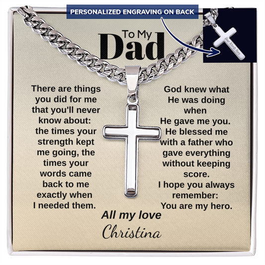 To My Dad Cuban Chain Cross Necklace | You Are My Hero | Personalized Christian Gift for Dad
