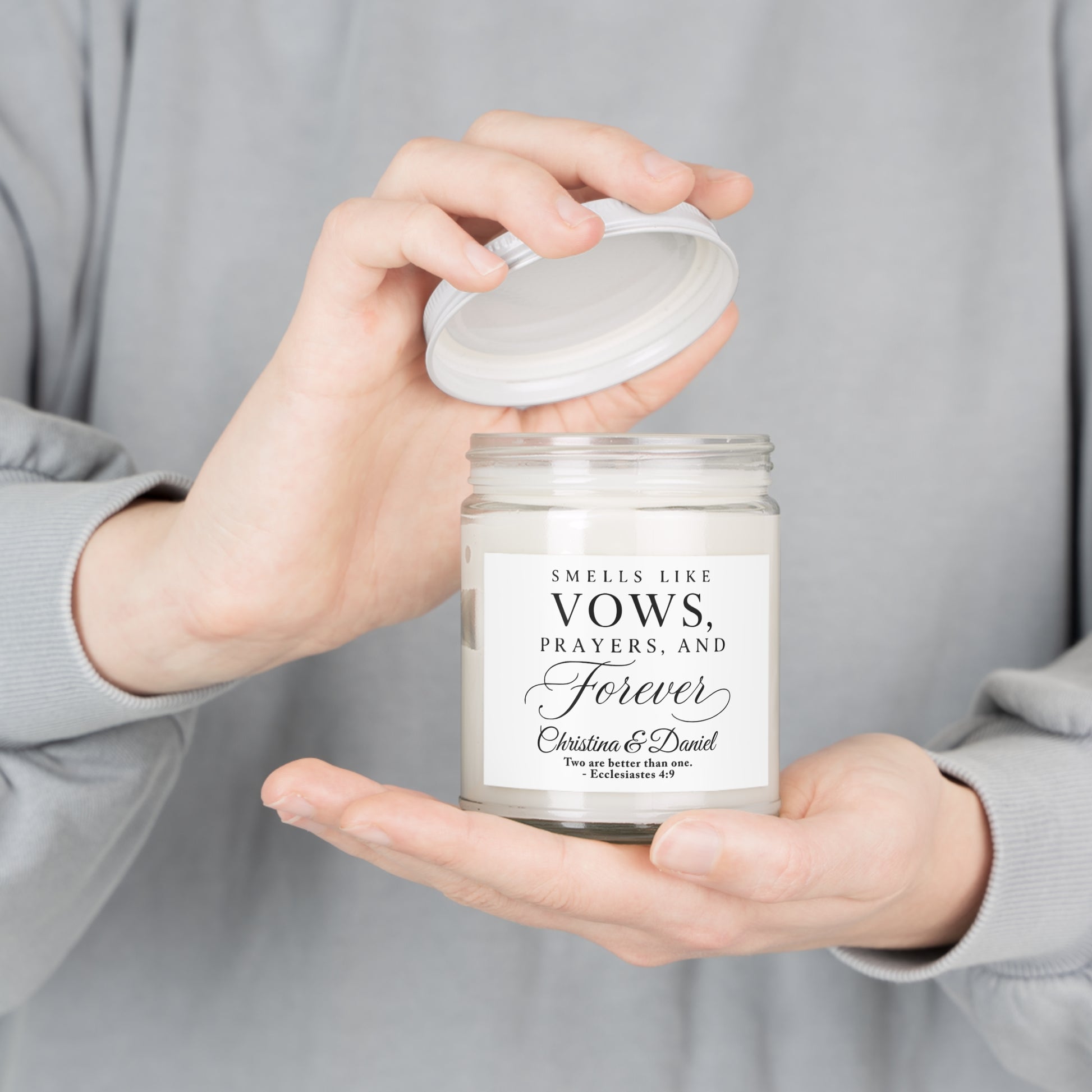 Candle with "Vows, Prayers, and Forever" text and names.