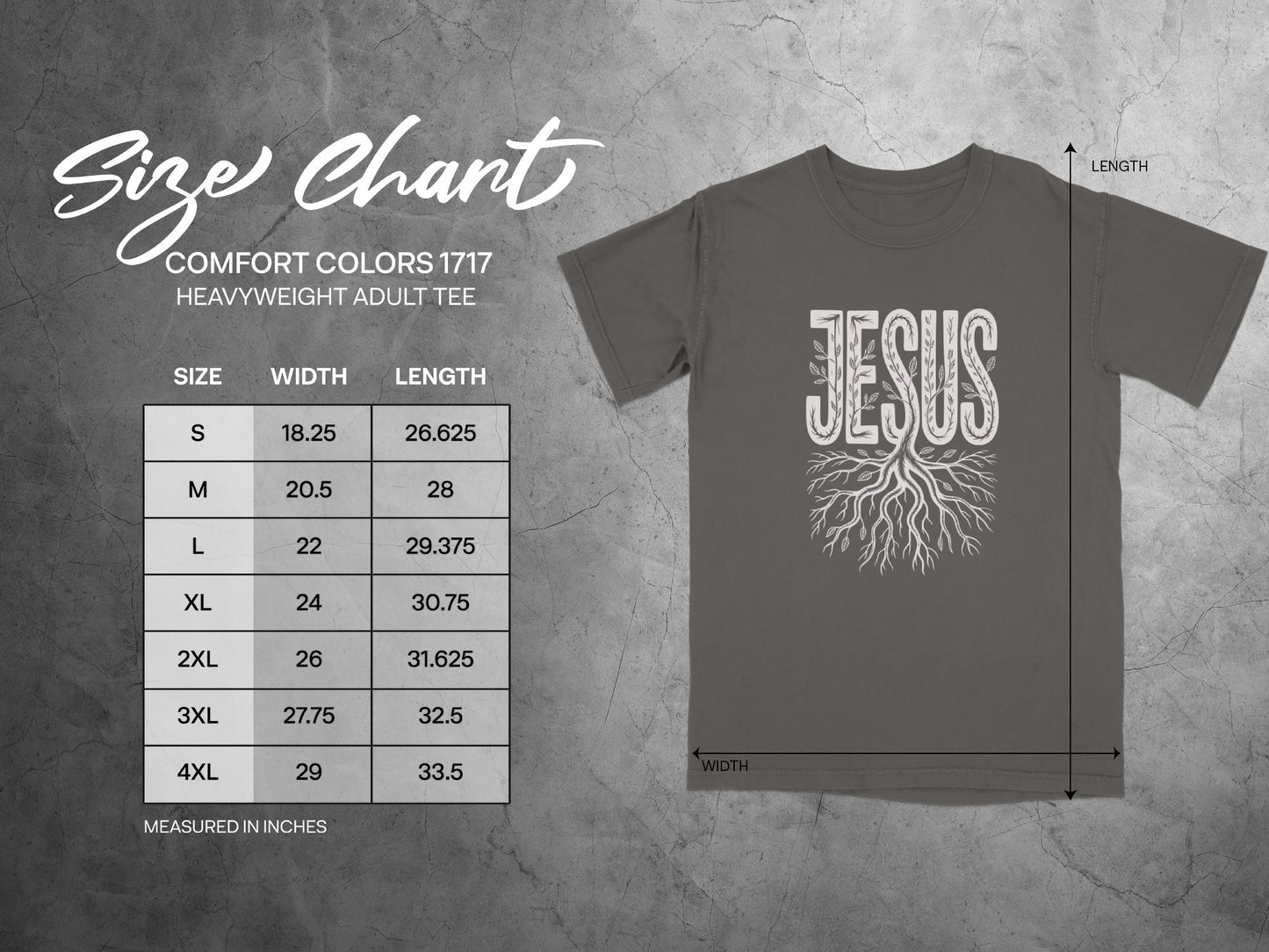 Size chart for Comfort Colors 1717 heavyweight adult tee with Jesus graphic.