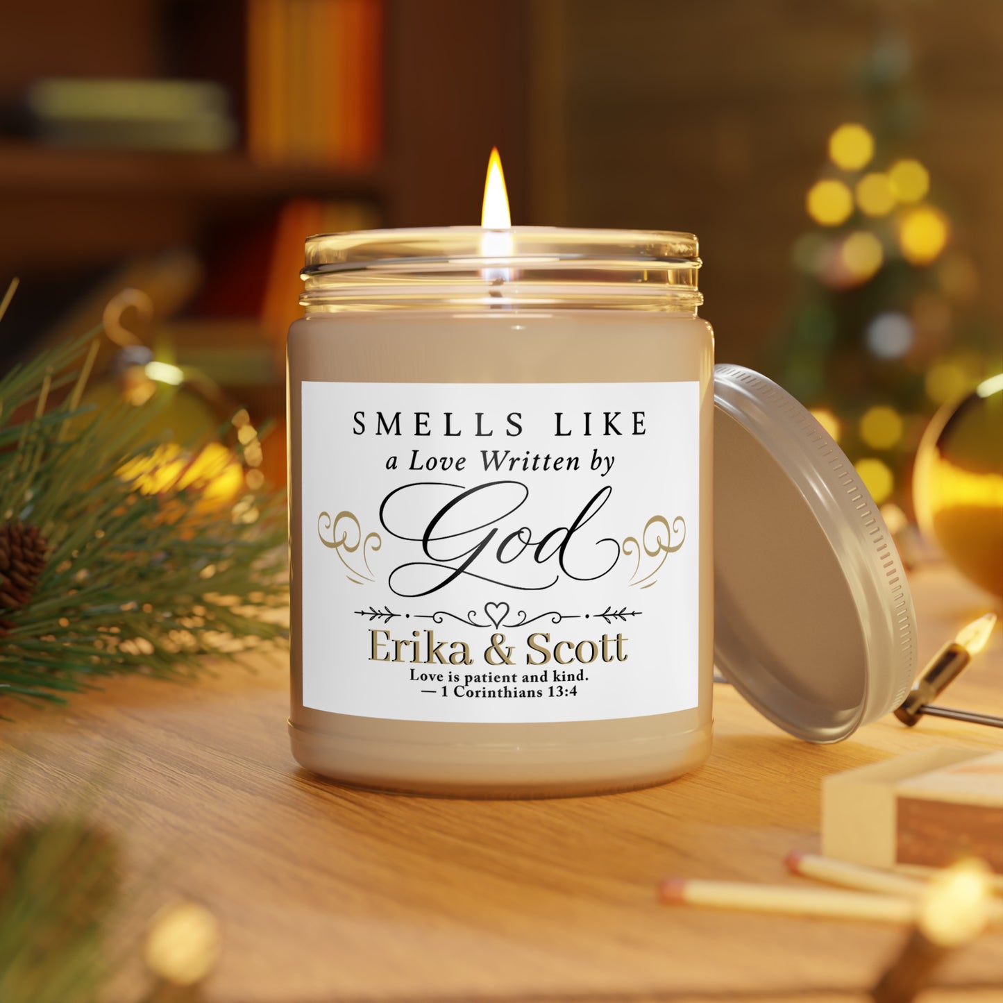 Scented candle with "Smells Like a Love Written by God" and "Erika & Scott" text.