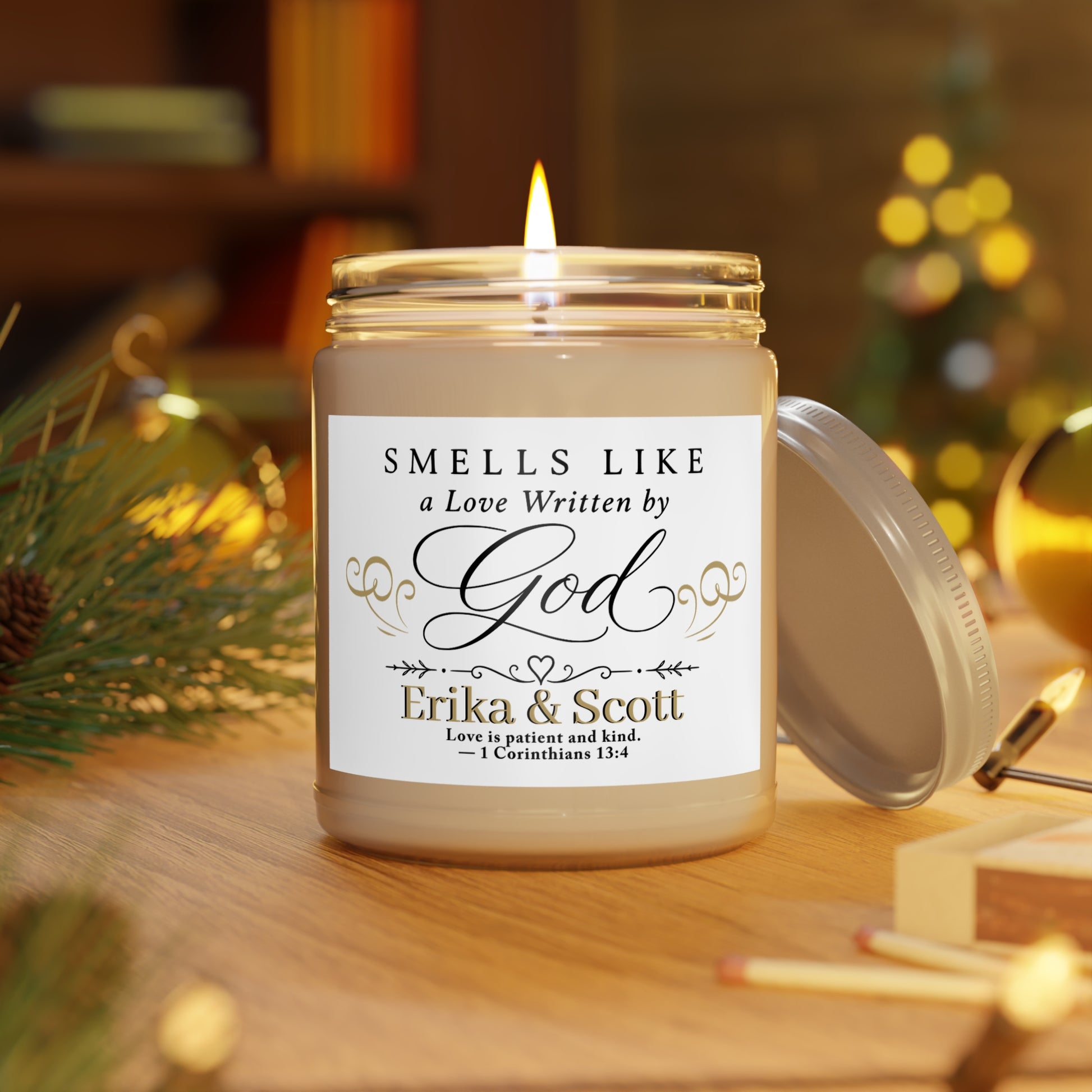 Scented candle with "Smells Like a Love Written by God" and "Erika & Scott" text.