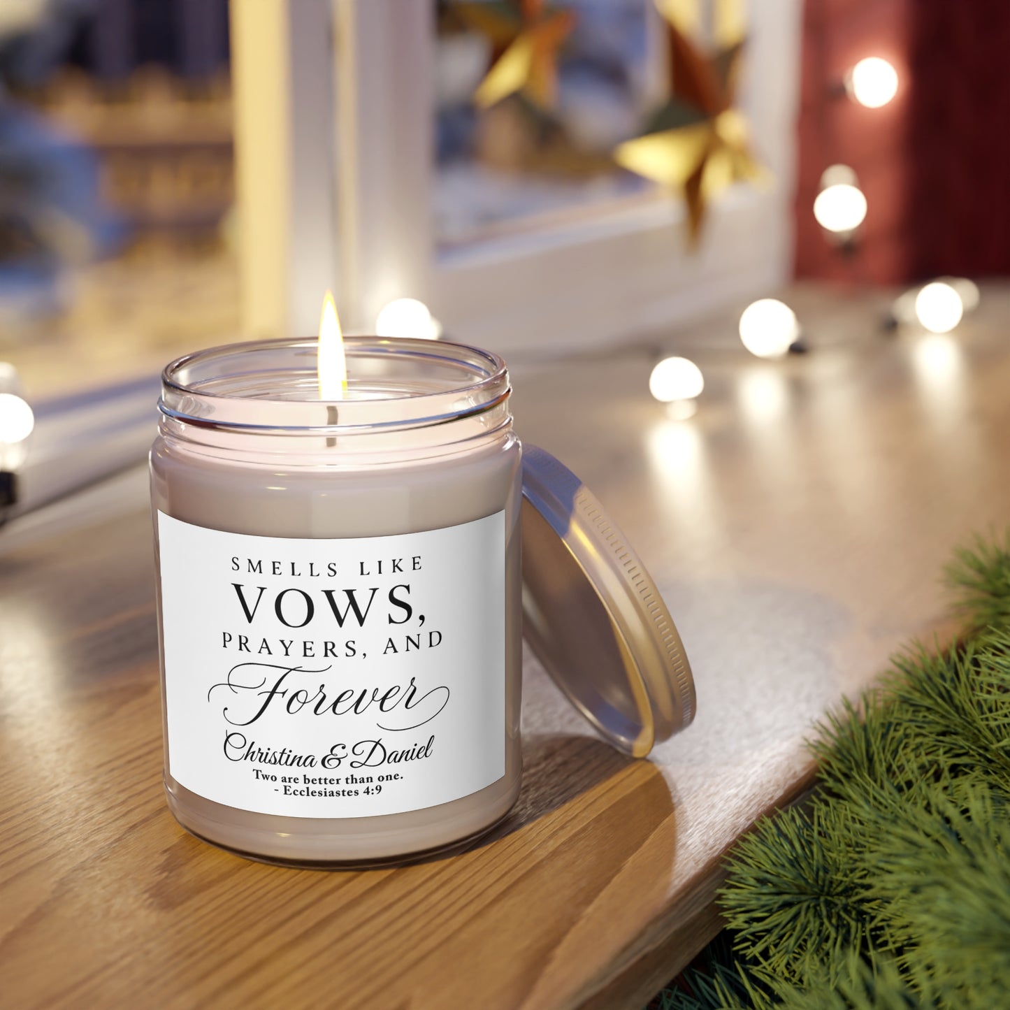 Scented candle with text "Smells Like Vows, Prayers, and Forever Christina & Daniel".